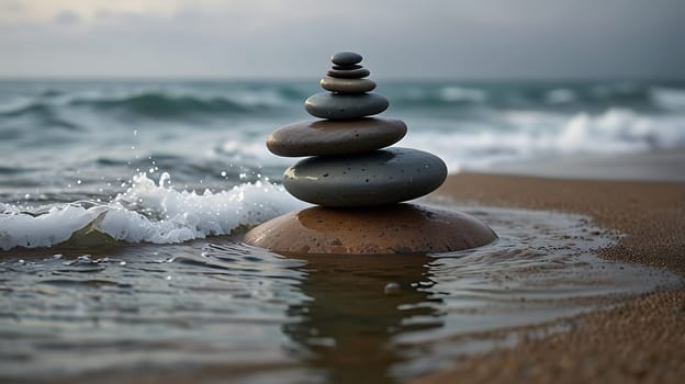 A serene image of a stack of smooth, gray stones, perfectly balanced on the edge of the water. The ocean waves gently lap at the base of the stones, creating a sense of tranquility and harmony. This image is perfect for projects related to meditation, relaxation, nature, and the ocean. It could be used in a variety of design applications, such as websites, brochures, social media posts, and more.