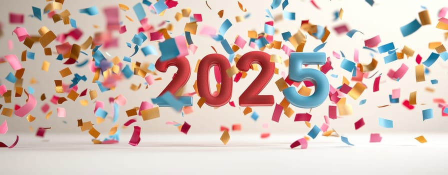 Celebrating vibrant arrival of 2025 with colorful confetti.