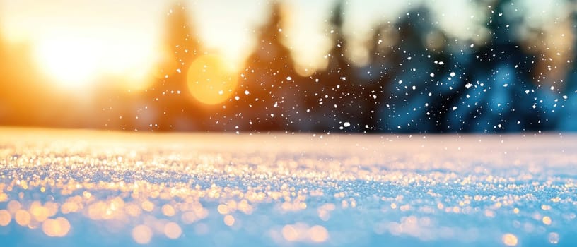 serene snow covered field sparkles under warm sunlight, creating magical atmosphere.