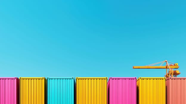 Colorful shipping containers against bright blue sky create vibrant scene.