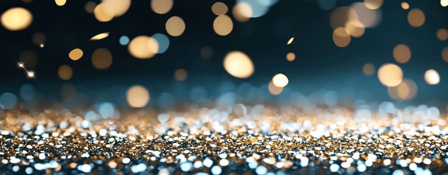 Glittering gold and silver particles create festive atmosphere.