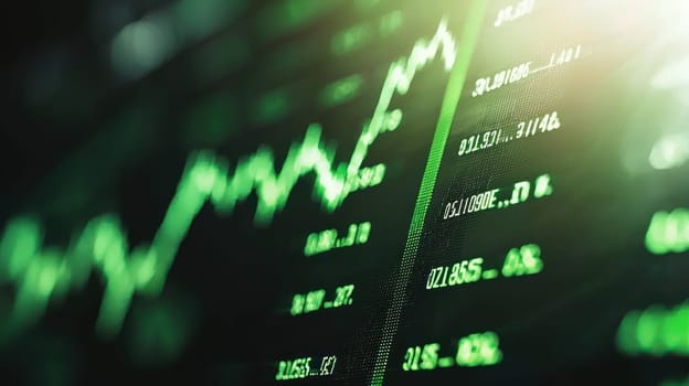 Stock market data displaying rising trend with green indicators.