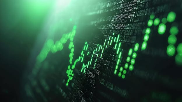 Stock market data displayed in green with digital numbers and graphs.