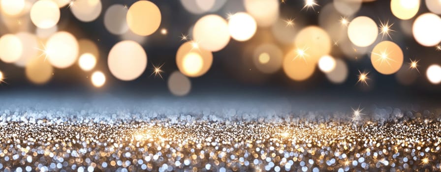 Shimmering gold and silver glitter creates festive atmosphere.