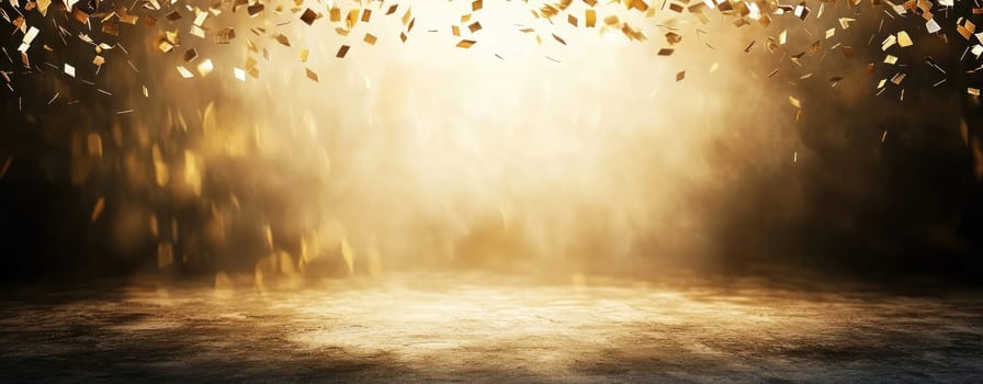 stunning confetti burst in shades of gold and silver creates festive atmosphere.