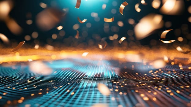 Futuristic digital grid with neon colored sparks and confetti floating.