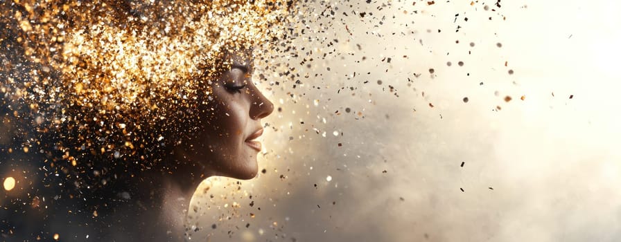 stunning portrait of woman with burst of golden confetti, symbolizing creativity and inspiration.