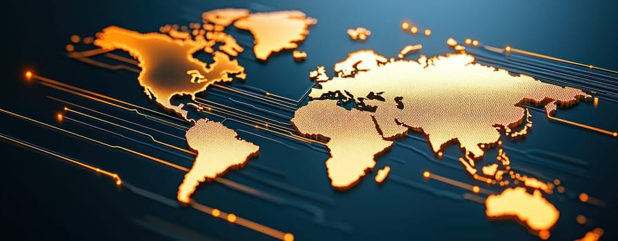 detailed world map with glowing outlines and digital lines evokes sense of connectivity and.