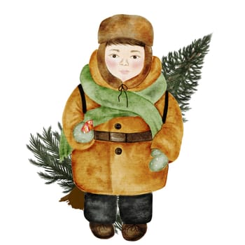 Watercolor Christmas card with a child and an evergreen tree. Hand drawn boy with plant on white background. Perfect vintage postcard for new year and christmas. Children illustration. High quality illustration