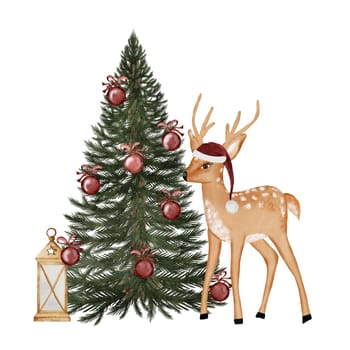 Christmas deer with evergreen tree watercolor. Hand drawn forest animal on isolated white background. New Year card template. Ideal for greeting card and poster. High quality illustration