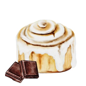 Cinnabon, cinnamon watercolor. Hand drawn cinnamon bun with cream cheese with chocolate. Classic American sweet. Clip art isolated on white background. For coffee shop menu, pastry shop and sweet pastry recipes. High quality illustration