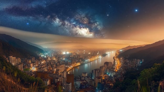 Stunning cityscape glows under a starry night sky, with the milky way galaxy shining above, reflecting in the water and framed by mountains