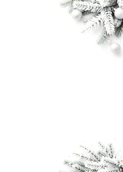 Festive Christmas composition featuring green fir branches, white ornaments, pine cones, and a soft string of lights on a clean white background. Perfect for creating a holiday mood, suitable for Christmas cards, posters, or other winter-themed projects