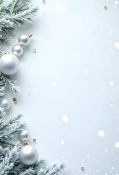 Festive Christmas composition featuring green fir branches, white ornaments, pine cones, and a soft string of lights on a clean white background. Perfect for creating a holiday mood, suitable for Christmas cards, posters, or other winter-themed projects