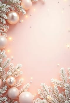 Festive Christmas composition featuring green fir branches, pink ornaments, pine cones, and a soft string of lights on a gentle pink background. Perfect for creating a holiday mood, suitable for Christmas cards, posters, or other winter-themed projects