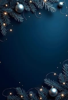 Festive Christmas composition featuring green fir branches, blue and light blue ornaments, pine cones, and a soft string of lights on a dark blue background. Perfect for creating a holiday mood, suitable for Christmas cards, posters, or other winter-themed projects