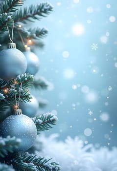 Festive Christmas composition featuring green fir branches, light blue ornaments, pine cones, and a soft string of lights on a calm light blue background. Perfect for creating a holiday mood, suitable for Christmas cards, posters, or other winter-themed projects