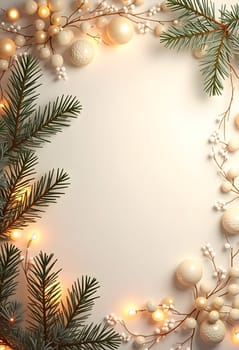 Festive Christmas composition featuring green fir branches, gold and copper ornaments, pine cones, and a soft string of lights on a neutral beige background. Perfect for creating holiday mood, suitable for Christmas cards, posters, or other winter-themed projects