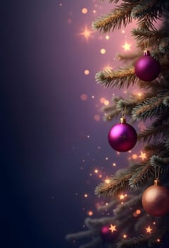 Festive Christmas composition featuring green fir branches, purple ornaments, pine cones, and a soft string of lights on a rich purple background. Perfect for creating a holiday mood, suitable for Christmas cards, posters, or other winter-themed projects