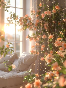Room with sunlit window, fairy lights, and blooming flowers, serene ambiance.