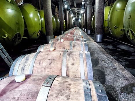 Inside the wine cellar at Kindzmarauli Winery, showcasing a row of oak barrels and green fermentation tanks in a dimly lit environment.