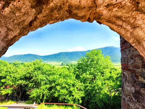 Lush greenery and rolling hills are visible beyond a weathered stone arch.