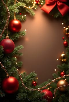 Festive Christmas composition featuring green fir branches, red ornaments, pine cones, and a soft string of lights on a warm brown background. Perfect for creating a holiday mood, suitable for Christmas cards, posters, or other winter-themed projects