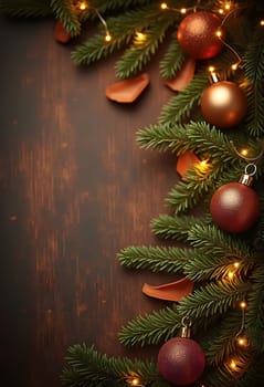 Festive Christmas composition featuring green fir branches, red ornaments, pine cones, and a soft string of lights on a warm brown background. Perfect for creating a holiday mood, suitable for Christmas cards, posters, or other winter-themed projects