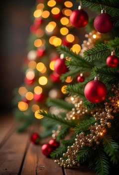 Festive Christmas composition featuring green fir branches, red ornaments, pine cones, and a soft string of lights on a warm brown background. Perfect for creating a holiday mood, suitable for Christmas cards, posters, or other winter-themed projects