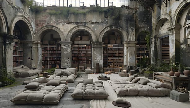 A spacious chamber filled with numerous cushions scattered across the floor, creating a cozy and inviting atmosphere