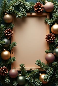 Festive Christmas composition featuring green fir branches, gold and copper ornaments, pine cones, and a soft string of lights on a neutral beige background. Perfect for creating holiday mood, suitable for Christmas cards, posters, or other winter-themed projects
