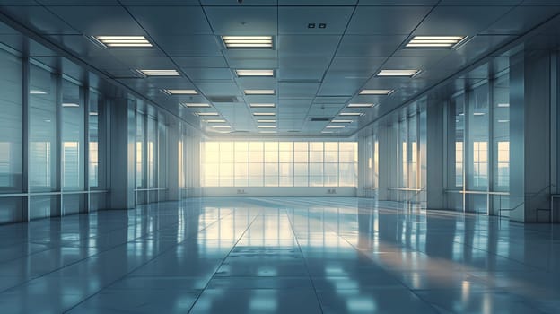 A commercial building hallway with a symmetrical layout, glass windows allowing natural light, and a water feature. The transparent materials and art create a modern aesthetic