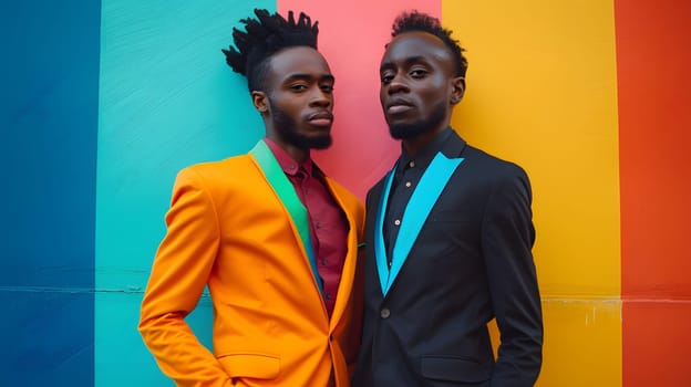 Two men in suits with electric blue and orange sleeves are standing next to each other in front of a colorful wall, embodying a blend of fashion design and performing arts