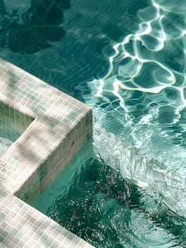A close up of a swimming pool with azure water and steps leading into it. The liquid shimmers with patterns created by wind waves, inviting a refreshing dip