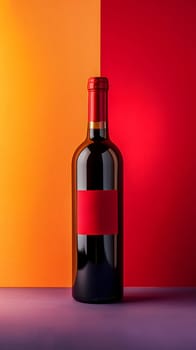 A glass bottle of red wine with a red label, sealed with a cork and bottle stopper, set against a colorful background. The alcoholic beverage is ready to be enjoyed as a delicious drink