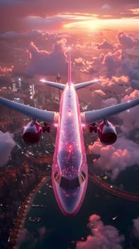An airplane flies over a city skyline during a colorful sunset with clouds
