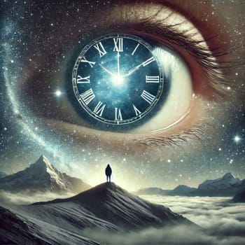 Surreal cosmic scene with eye clock and man on mountain peak. A Journey Through Time and Space: Man in the Face of the Universe