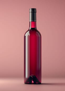 A glass bottle of red liquid is placed on a magenta surface, creating a contrast of tints and shades. The cylindrical bottle contains a natural material drink