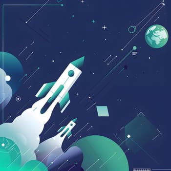 Illustration of rockets launching into outer space with planets and stars