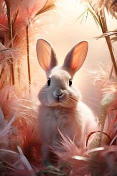 A whimsical scene captured in modern poster art photography, showcasing a white rabbit sitting gracefully in a field of pink feathers, exuding an aura of enchantment and charm.