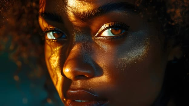 A closeup of a womans face with sunlight illuminating her features, emphasizing her eyebrow, eye, eyelash, temple, and iris. The image captures a moment of natural beauty and artistry