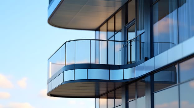 Modern building with curved glass balcony reflects the sky, for a contemporary design