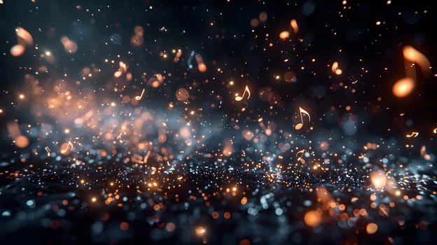 Glowing musical notes floating in a dark, sparkling abstract background.