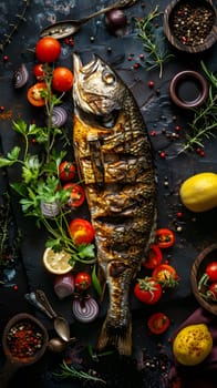 Perfectly grilled fish with herbs, tomatoes, and lemon slices on rustic black surface