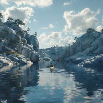 A person in a kayak is paddling down a river, surrounded by the natural landscape of mountains and highlands under a cloudy sky