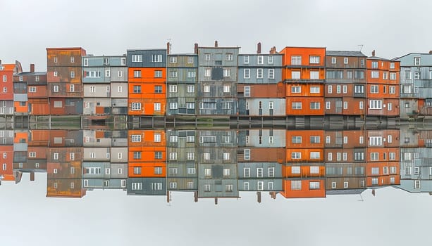 A row of buildings with varying facades is mirrored in a rectangular body of water, creating a stunning visual reflection of urban design in the city skyline