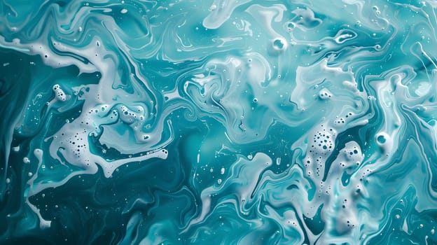 A closeup of a swirling electric blue and white liquid with bubbles, resembling patterns of wind waves or fluvial landforms of streams, a mesmerizing aquatic fluid