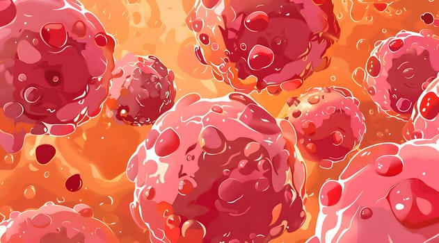 Close-up view of red biological cells in a fluid, floating and interacting
