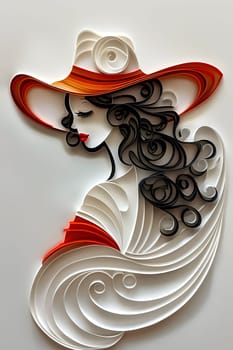 A creative art piece depicting a woman adorned with a cowboy hat made using the paper quilling technique, showcasing the beauty of costume hats through art