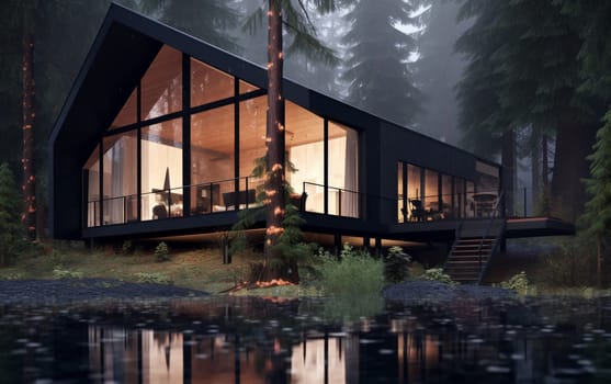Beautiful modern modular home with wild nature in the background. Modern architecture.